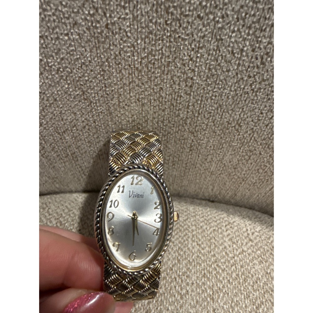 Vivani Cuff Watch Women Two Tone Silver Gold Woven Bangle Needs Battery Accutime